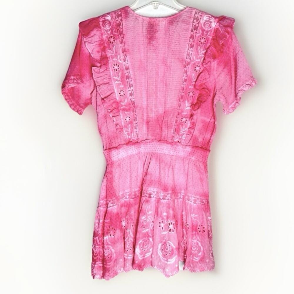 LoveShackFancy Pink Eyelet Ruffle Mini Dress with Gold Chain Belt - Picture 4 of 10